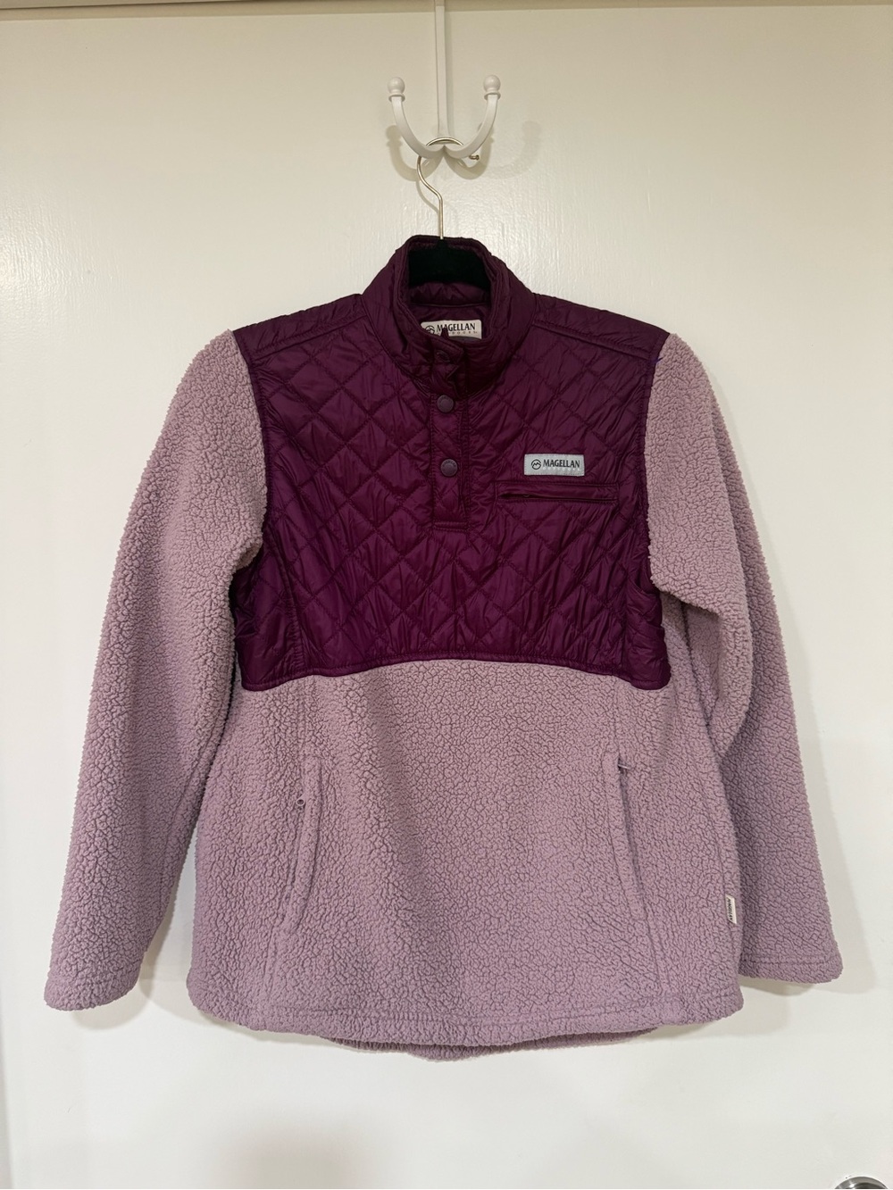 Magellan Outdoors Quilted, Sherpa Pullover Jacket in Mauve and Deep Purple